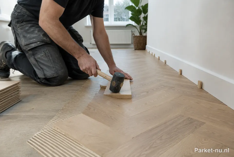 Parketlegger legt eiken parketplanken in een woonkamer