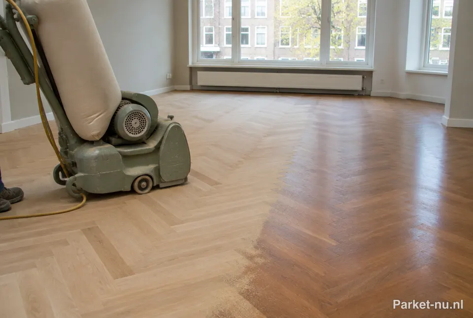 Parketvloer wordt geschuurd met een vloerschuurmachine in een lege woonkamer